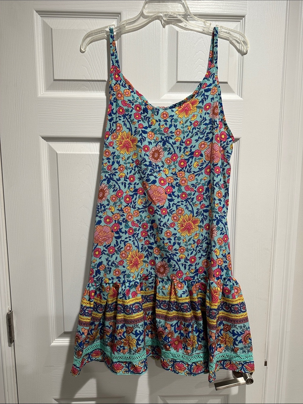 Blue Floral Spaghetti-Strap Sundress with Ruffle Hem